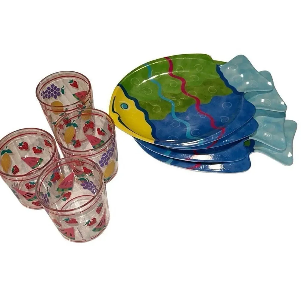 Multicolor Tropical Fish Glass Tumblers and Plates Set